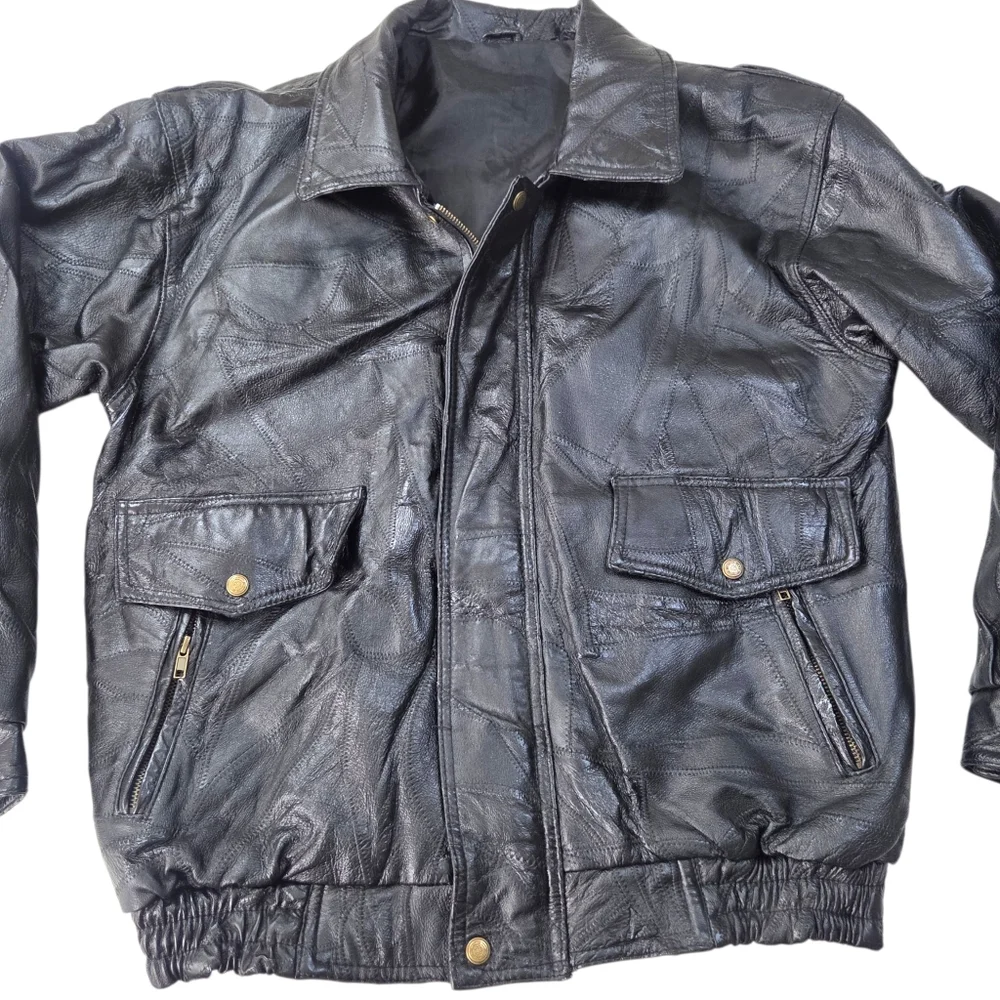 Vintage Patchwork Leather Bomber Jacker Mens Large Black 90s Heavyweight
